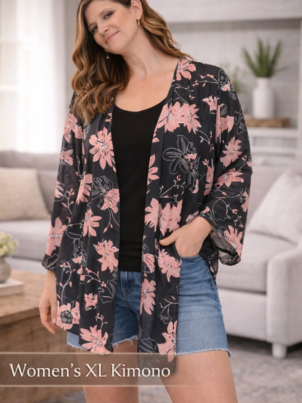 Floral Open-Front Kimono - Black & Blush XL